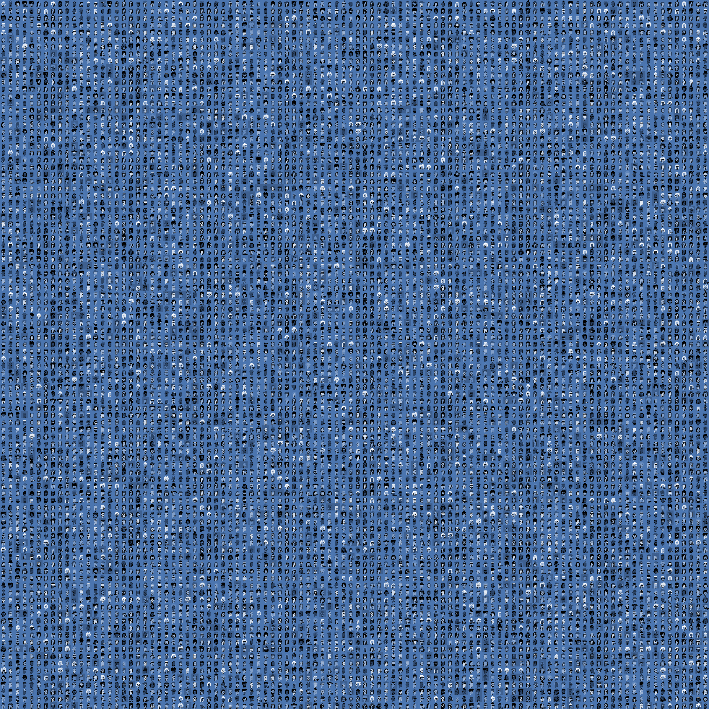 All 10,000 Fomo Punks in a numbered 100 by 100 grid, ordered from punk 0 to punk 9999.